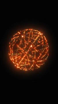 Glowing orange digital network sphere with connected nodes and lines on dar.. Illustrazione stock