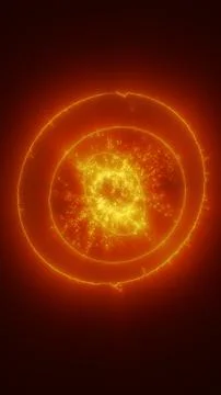 Glowing orange energy field with orbiting rings and bright particles, symbo.. Stock Illustration