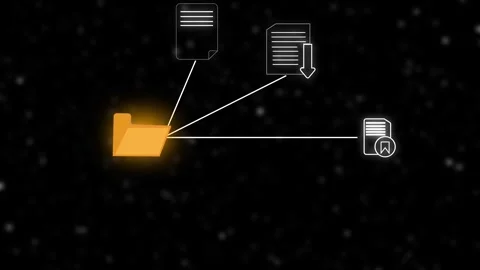 Glowing orange folder connected to documents with download and bookmark ico.. Stock Footage 340998026