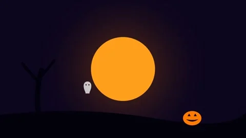 A glowing orange full moon shines above a dark hill with a small jack-o-lante Video stock 338310385