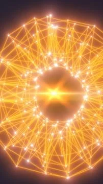 Glowing orange geometric network ring with nodes, lines and star flare, fut.. Illustrazione stock