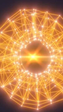 Glowing orange geometric network ring with nodes, lines and star flare, fut.. Illustrazione stock