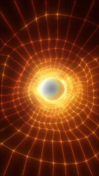 Glowing orange grid tunnel with a bright central orb, forming a futuristic .. Stock Illustration