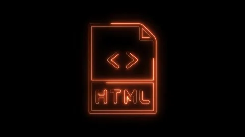 Glowing orange html file icon with angle brackets on a dark background Stock Footage 322965985