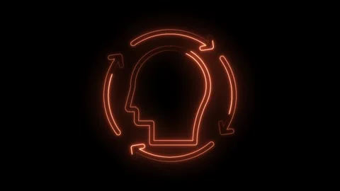 Glowing orange human head silhouette with circulating arrows symbolizes thinking Stock Footage 322961906