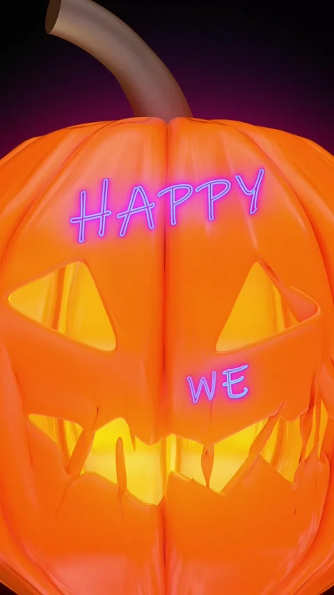 Glowing orange jack o lantern fills a vertical frame as pink Happy Halloween Stock Footage 345504885