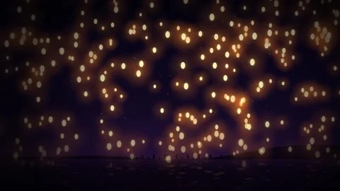 Glowing Orange Lanterns Drifting Upward Dark Sky Reflections Motion Background Vídeo Stock 347317559
