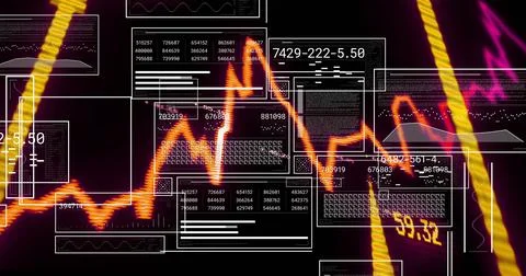 Glowing orange line graph zigzagging in UI with data panels, histograms, イラスト素材