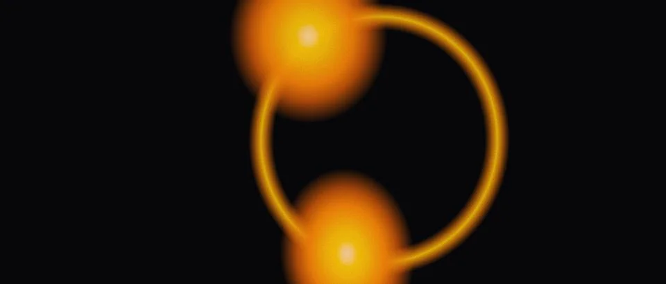 Glowing orange molecular structure with two spherical atoms connected by a .. Stock Illustration