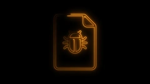 Glowing orange neon bug icon on a document symbol representing computer vir.. Stock Footage 314701219