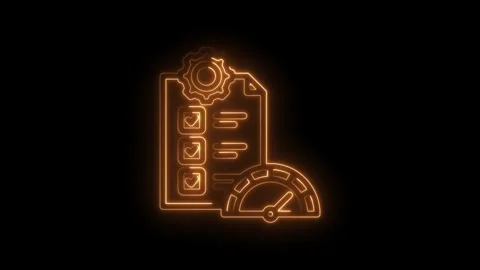 Glowing orange neon checklist with gear and speedometer icons on black back.. Stock Footage 346129882