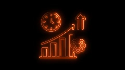 Glowing orange neon clock graph arrow and gear icon animation on black back.. Stock Footage 314707337