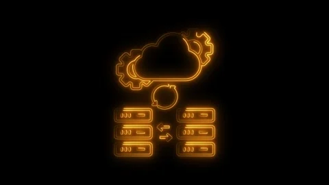Glowing orange neon cloud computing data transfer icon with gears and serve.. Video stock 314708805