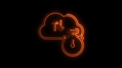 Glowing orange neon cloud icon with up and down arrows and stopwatch symbol.. Stock Footage 314707313