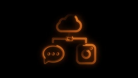 Glowing orange neon cloud icon connected to chat bubble and Instagram logo .. Stock Footage 314708181