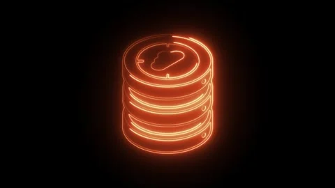Glowing orange neon cloud icon stacks on black background symbolizing data .. Stock Footage 314711268