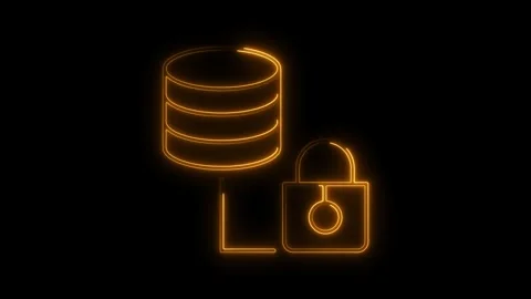 Glowing orange neon database icon with padlock symbol on transparent black .. Stock Footage 314708713