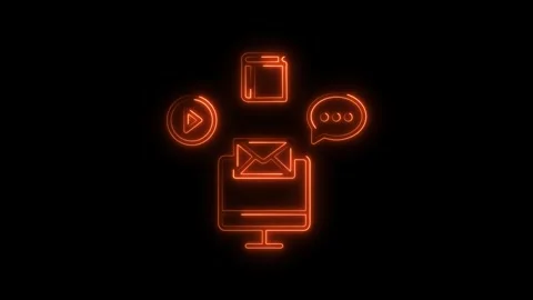 Glowing orange neon digital communication icons play button envelope chat b.. Stock Footage 314708500