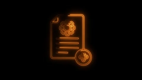 Glowing orange neon document icon with gear and plus symbol on black backgr.. Stock Footage 314700415