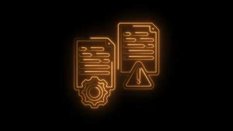 Glowing orange neon document icons with gear and warning symbol on black ba.. Stock Footage 346141409