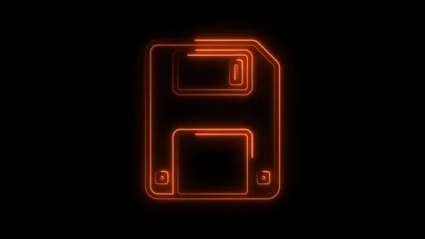 Glowing orange neon floppy disk icon animation on black background futurist.. Stock Footage 314701356
