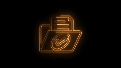 Glowing Orange Neon Folder Icon with Check Mark and Document Lines on Black Stock Footage 333953891