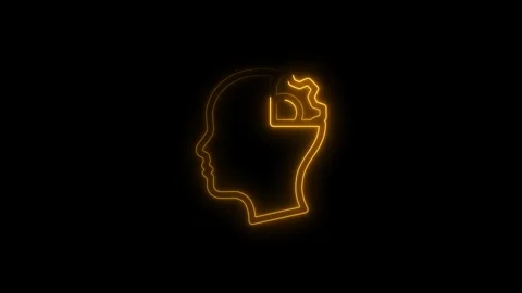 Glowing orange neon human head profile with internal gear mechanism symboli.. Vidéo 314707666