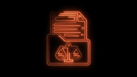 Glowing orange neon law document folder icon animation on black background Stock Footage 322971782