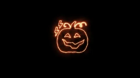 A glowing orange neon line art animation featuring a spooky Halloween pumpkin Stock Footage 340362933
