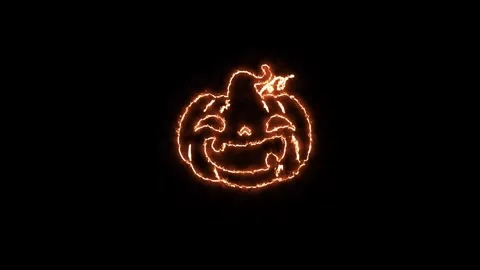 A glowing orange neon line art animation featuring a spooky Halloween pumpkin Stock Footage 340362964