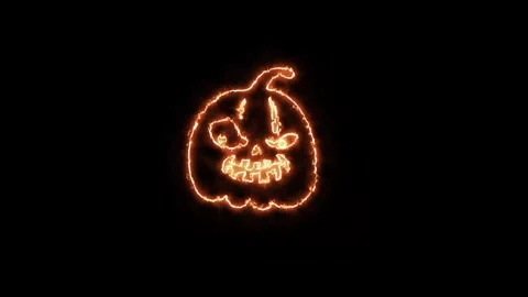 A glowing orange neon line art animation featuring a spooky Halloween pumpkin Stock Footage 340363003