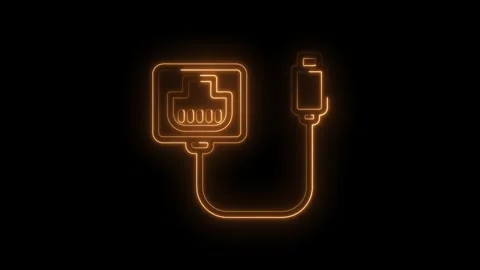 Glowing orange neon network cable and connector icon on black background Stock Footage 333961984