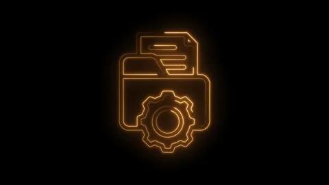 Glowing orange neon outline of a folder icon with a gear mechanism symboliz.. Stock Footage 346137419