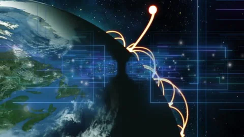 Glowing orange node activating rotating globe sending arcs visualizing world Video stock 310971716