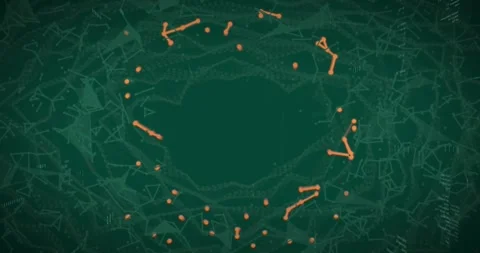 Glowing orange node network forming then rotating while binary digits and code 스톡 동영상 317157264