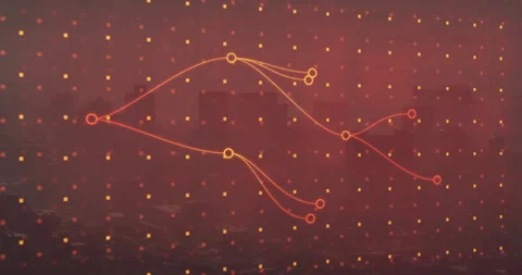 Glowing orange nodes forming network with curved lines over red haze skyline, Stock Footage 307430457