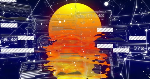 Glowing orange orb floating center, translucent panels showing data, white lines Stock Footage 309109533