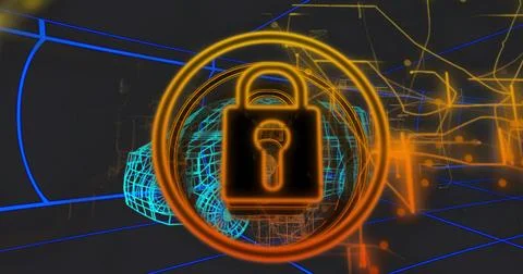 Glowing orange padlock hovering inside rings in blue grid, with cyan car Stock Illustration