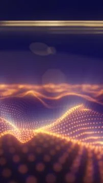 Glowing orange particle wave over dark blue space, futuristic digital lands.. Stock Illustration