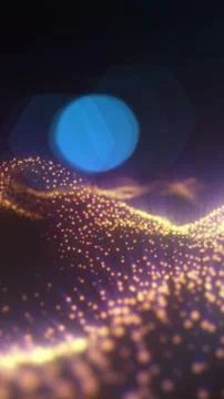 Glowing orange particle wave over dark blue space, futuristic digital lands.. Ilustração Stock