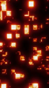Glowing orange pixel blocks floating on dark background, digital data conce.. Illustrazione stock