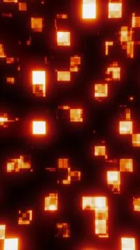 Glowing orange pixel blocks floating on dark background, digital data conce.. Stock Illustration