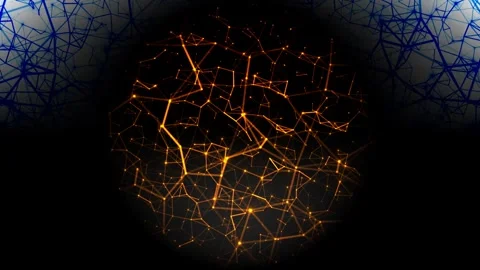 Glowing orange plexus network sphere with connecting lines and dots on dark Stock Footage 328549802