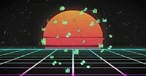 Glowing orange-red orb hovering on neon grid floor in cyber environment with Stock Illustration