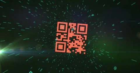 Glowing orange-red QR code floating in virtual void, emitting teal streaks, 스톡 사진