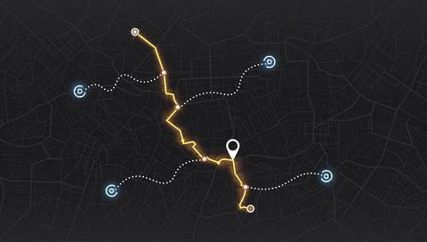 Glowing orange route on dark city map with connection nodes and pin. Vector Stock Illustration