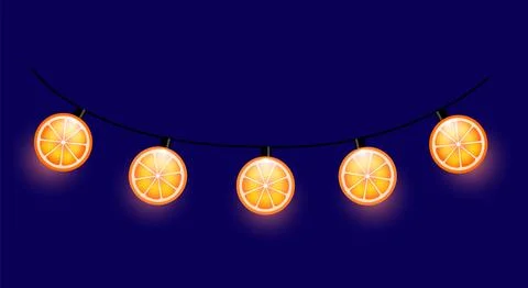 Glowing Orange Slice String Lights on Dark Blue Background Stock Illustration