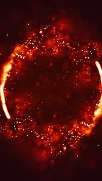Glowing orange spark ring on dark red background with floating embers and b.. Stock Illustration