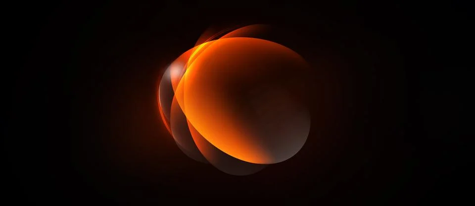 Glowing orange sphere dominates dark background. Layers create depth, soft Stock Illustration