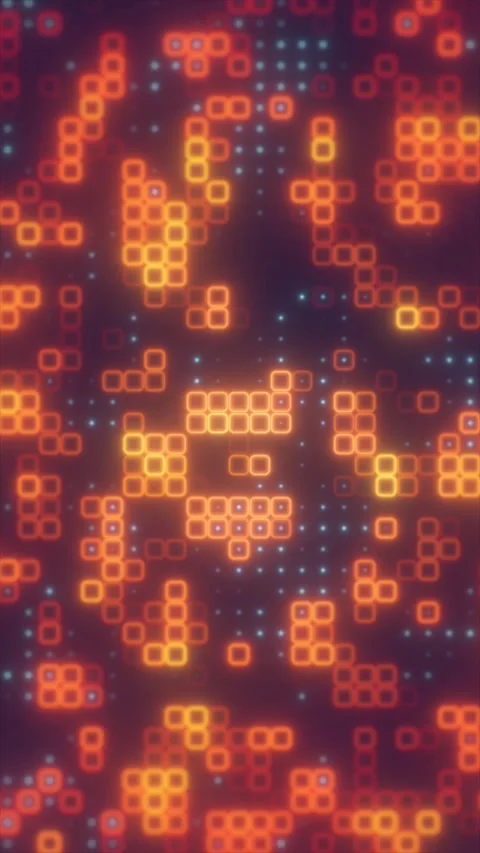 Glowing orange square outlines and small blue dots form a colorful digital .. Stock Footage 337957437